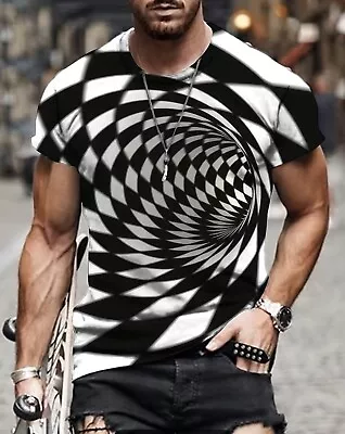 Buy Mens T Shirt Top Medium 3d Optical Illusion Crew Neck Graphic Novelty Blackwhite • 10.99£
