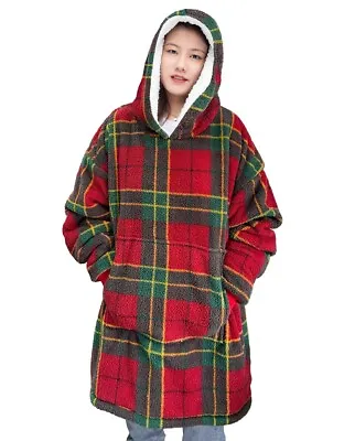 Buy Tartan Check Oversized Hoodie Wearable Hooded Sherpa Fleece Soft Warm & Comfy • 23.49£
