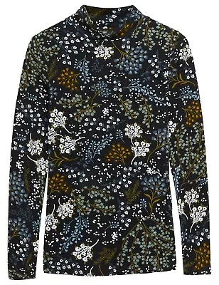Buy Ex-M & S Black Floral Print Cotton-Rich Long-Sleeve Funnel-Neck Top -BNWOT • 10.99£