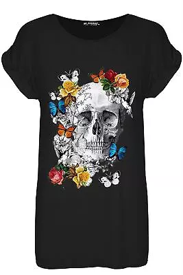 Buy Womens Butterfly Floral Skull Turn Up Sleeve Ladies Stretchy Halloween T Shirt • 4.09£