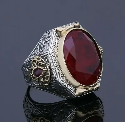 Buy Mens Antique Red Ruby Ring Engraved Oval Stone Mid Century Silver Unique Jewelry • 145.69£
