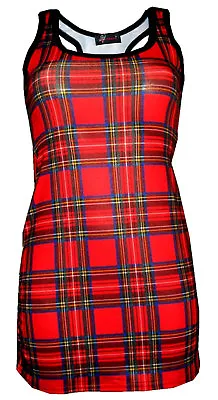 Buy New Girls / Ladies Red Tartan Print Long Vest Top Summer Dress Goth Punk Emo • 21.99£