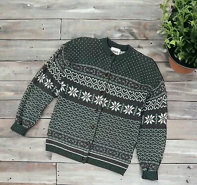 Buy VTG Sweater Cardigan Green Knit M Button Up Winter Snowflakes Fair Isle Granny • 28.34£