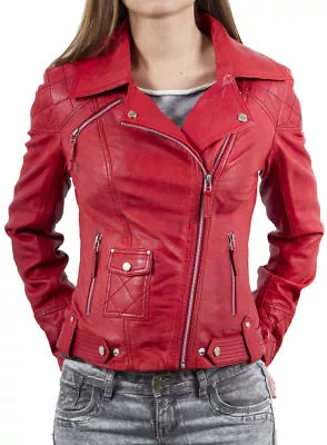 Buy Women's Red Real Leather Motorcycle Slim Fit Lambskin Quilted Biker Jacket • 37£