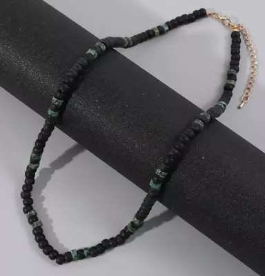 Buy Men’s Green Tigers Eye And Black Beaded Necklace Surfer Fashion Jewellery • 6.99£