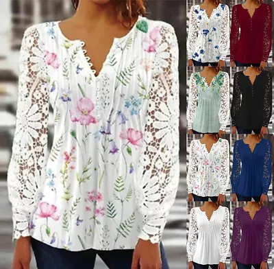 Buy Tops Holiday Long Sleeve T Shirts Lace Blouse Summer Ladies V Neck Tee Size 6-24 • 14.39£