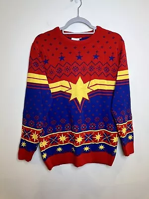 Buy Captain Marvel Emblem Red & Blue Knitted Christmas Jumper Size Small • 24.95£
