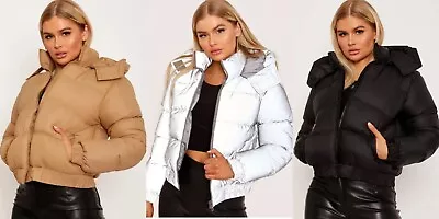 Buy Uk Womens Ladies Reflective Quilted Coat Puffer Padded Crop Hooded Jacket Parka • 29.99£