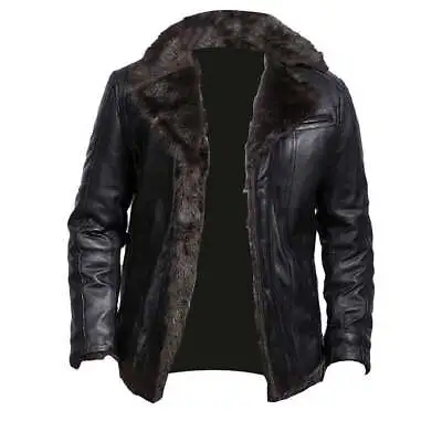 Buy Men's Aviator Real Leather Jacket Sheep Skin Black Fur Button-up Jacket Shirt • 37.55£
