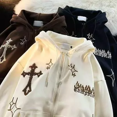 Buy Y2K Oversized Hoodies Retro Hip Hop Jacket Gothic Embroidery Zip Up Sweatshirt • 24.86£