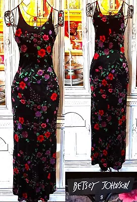 Buy Vintage Betsey Johnson 90s Y2K Black Floral Stretch Velvet Long Maxi Slip Dress • 336.25£