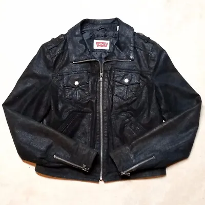 Buy LEVI's Matte Black Genuine Rough Leather Moto Zip Jacket - Womens Size Medium • 37.75£