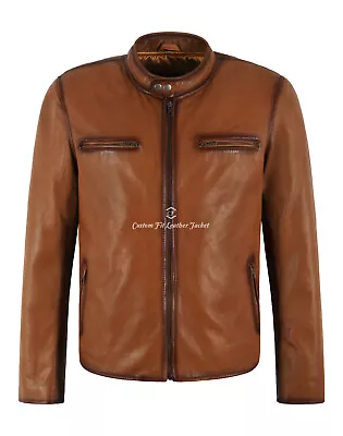 Buy RACER Mens Leather Jacket Dark Saddle Classic Bikers Fashion Real Leather Jacket • 139.71£