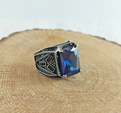 Buy 925 Sterling Silver Handmade Men Ring With Square Shape Deep Blue Sapphire Stone • 57.83£
