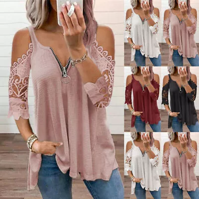 Buy Womens Lace Sleeve Blouse T Shirt Tops Plus Size Ladies Cold Shoulder Casual Tee • 9.99£