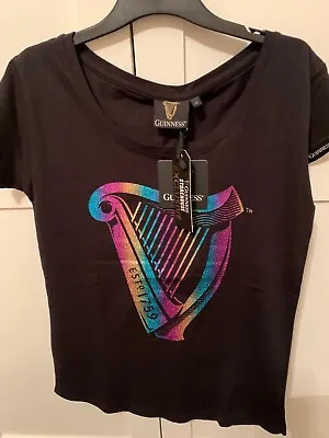 Buy Ladies Guinness Multi Colour Harp Black T Shirt Size Medium, UK 10-12 BNWT • 4.99£