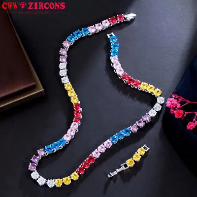 Buy Amerian Crystal Cubic Zirconia Rainbow Tennis Round Choker Necklace Boho Jewelry • 18.37£