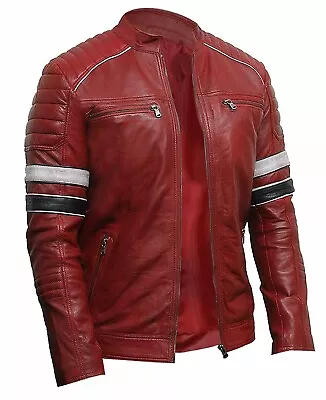 Buy Men's Slim Fit Cafe Racer Striped Biker Style Leather Motorcycle Slim Fit Jacket • 32.99£