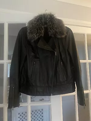 Buy Mint Velvet Black 100% Leather Biker Jacket With Detachable Fur Trim UK 14  • 100£