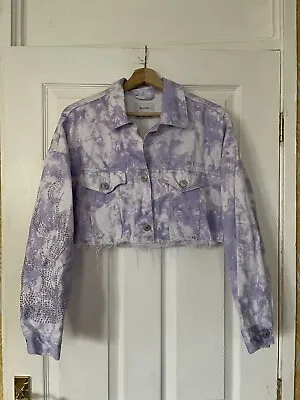 Buy BERSHKA Ladies Purple Bleach Dye Cropped Beaded Denim Jacket Size M • 14£