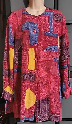 Buy CELINE Vintage Shirt Blouse Red Aztec Silk? L Chest 46’ Collarless Longer Lenght • 260£
