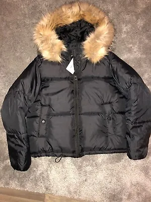 Buy Ladies UK14 Golddigga Crop Bomber Jacket Black Coat Faux Fur Hood. Full Zip. • 55.99£