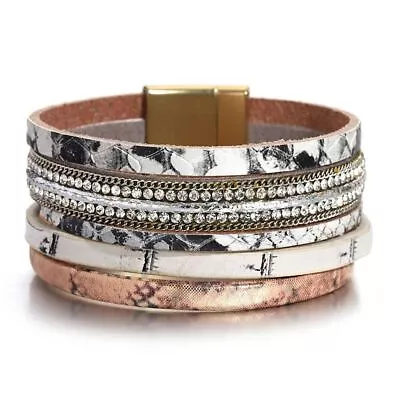Buy Metal Chain Charm Bracelets Pink White Snake Skin Printed Leather Wrap Jewelry • 13.32£