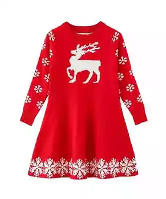 Buy Ribbed Knit Girls Reindeer Jumper Swing Dress, SMILING PINKER , Red • 12.99£