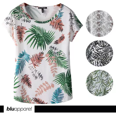 Buy Ladies Printed Summer Loose T-Shirt Top Leopard Leaf Floral 8 10 12 14 16 18 20  • 2.99£