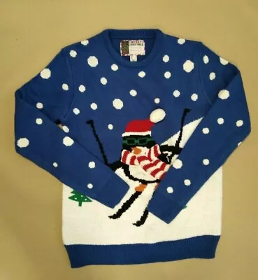 Buy Merry Christmas Snowman On Skis Sweater Blue UK S (030723tji) • 6.99£
