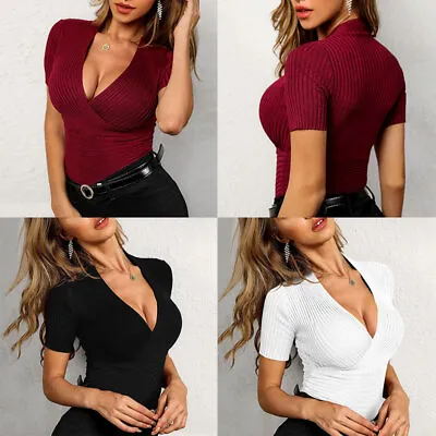 Buy Women Sexy Low Cut Deep V Tops Short Sleeve T Shirts Slim Tunics Solid Blouse UK • 12.59£