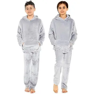 Buy Kids Girls Boys Grey Warm Fleece Hooded Pyjamas For Sleepover 2 Piece Gift Set • 14.99£