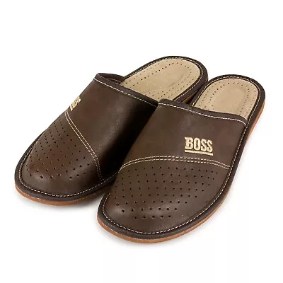 Buy Mens Leather Slippers Brown Comfort Slip On Shoe Size 7-11.5 Mule HandMade • 10.89£
