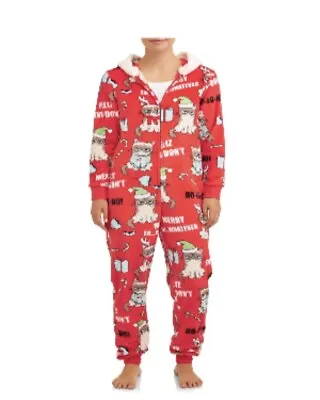 Buy GRUMPY CAT Christmas Zip One Piece Suit Hooded Pajamas Red Size XL  16-18 • 17.38£