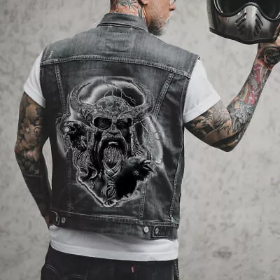 Buy Men Horn Warrior Sleeveless Punk Sports Denim Vest Jacket Motorcycle Lapel  • 32.38£