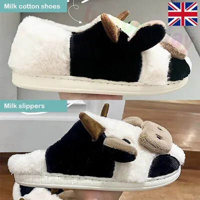 Buy Ladies Fuzzy Cow Slippers Cute Cozy Cotton Shoes Animal Shape Anti-slip Warm ◇ • 2.65£