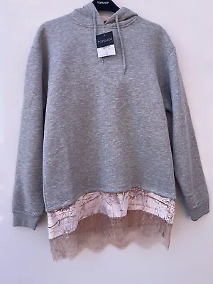 Buy Topshop Grey Hoodie With Blush Velvet & Lace Trim Size UK 10 Bnwt • 29.99£
