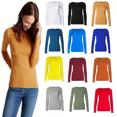 Buy New Ladies Plain Long Sleeve Crew Neck Top Shirt Casual Printed T Shir Size 8-26 • 5.48£