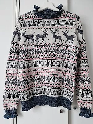 Buy BNWT Next Ladies Girls Christmas Jumper Size S Knit Navy White Frill Neckline  • 18.99£