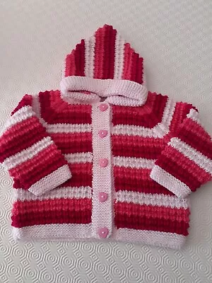 Buy Hand Knitted Childs Hooded Jacket Striped Pink With Heart Buttons Chest 24  • 7£