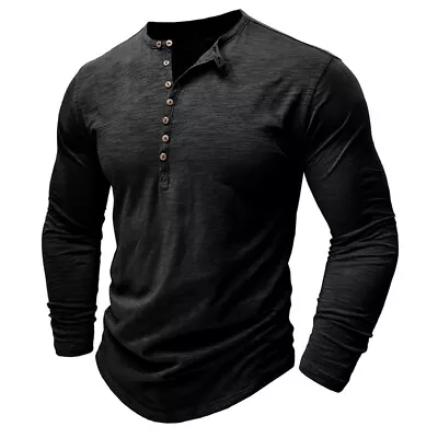Buy Mens Long Sleeve Henley Shirt Casual Solid Button Pullover Solid T Shirt Top Tee • 10.59£