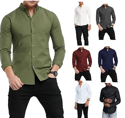 Buy Mens Button Down Modern Slim Fit Shirts Long Sleeve Casual Formal Shirt RH12 • 13.99£