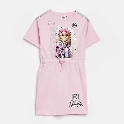 Buy River Island Girls Dress Pink Ri X Barbie Print Drawstring Short Sleeve • 10£