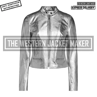 Buy Women Silver Metallic Biker Jacket Real Leather Women Crop Motorcycle Jacket • 113.21£
