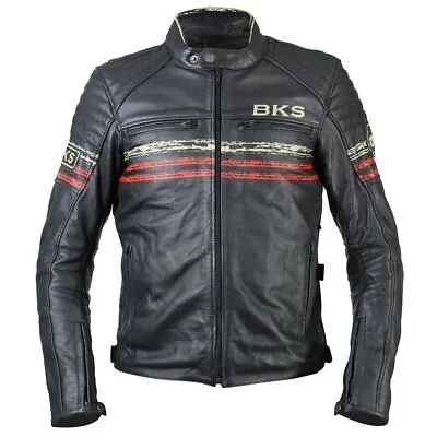 Buy BKS Retro Leather GBR Motorcycle Jacket Mens Black Red Beige • 269.99£