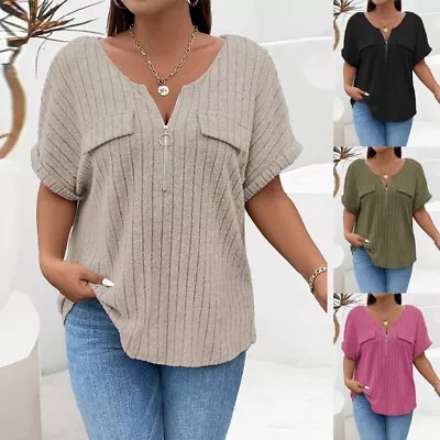 Buy Plus Size 20-28 Womens Ribbed Zip V Neck Tunic Tops Short Sleeve T Shirt Blouse • 2.89£