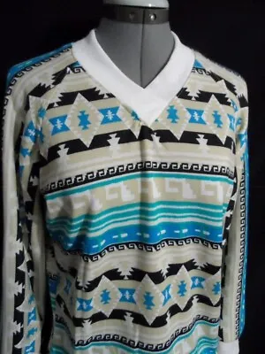 Buy New Aztec Southwestern Jersey Knit V-neck Sweater Top M Turquoise Black Tunic LS • 18.94£