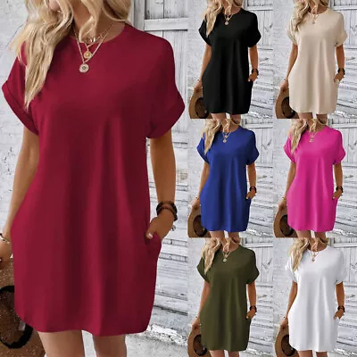 Buy Ladies Womens Plain Baggy Round Neck Summer Long Tunic Tee Shirt Mini Dress UK • 3.59£
