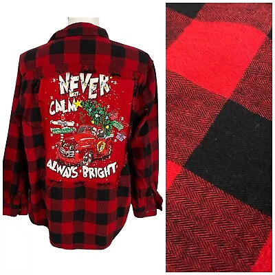 Buy Upcycled Flannel Shirt Womens 1X Christmas Bucees Red Plaid Country Grunge Camp • 43.76£