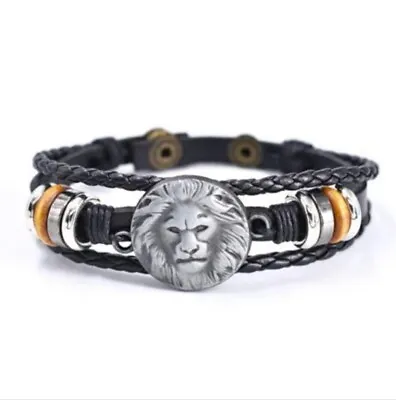 Buy Bracelet For Man Leather Triple Row With The Head Of The Lion King Bracelet • 6.89£